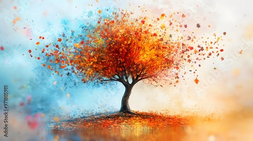 An artistic representation of a tree with a vivid splash of autumnal colors emanating from its leaves, symbolizing change 