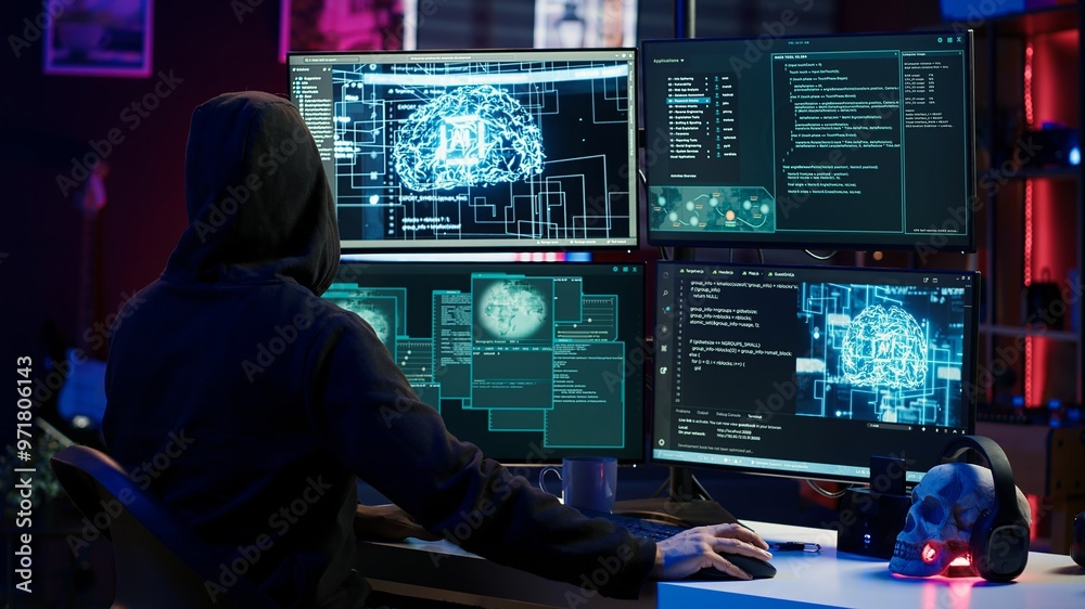 Hacker running artificial intelligence spyware software designed to gather information from users computers without their knowledge. Scammer commits fraud using AI, camera A Hacker running artificial intelligence spyware software designed to gather information from users computers without their knowledge. Scammer commits fraud using AI, camera A
