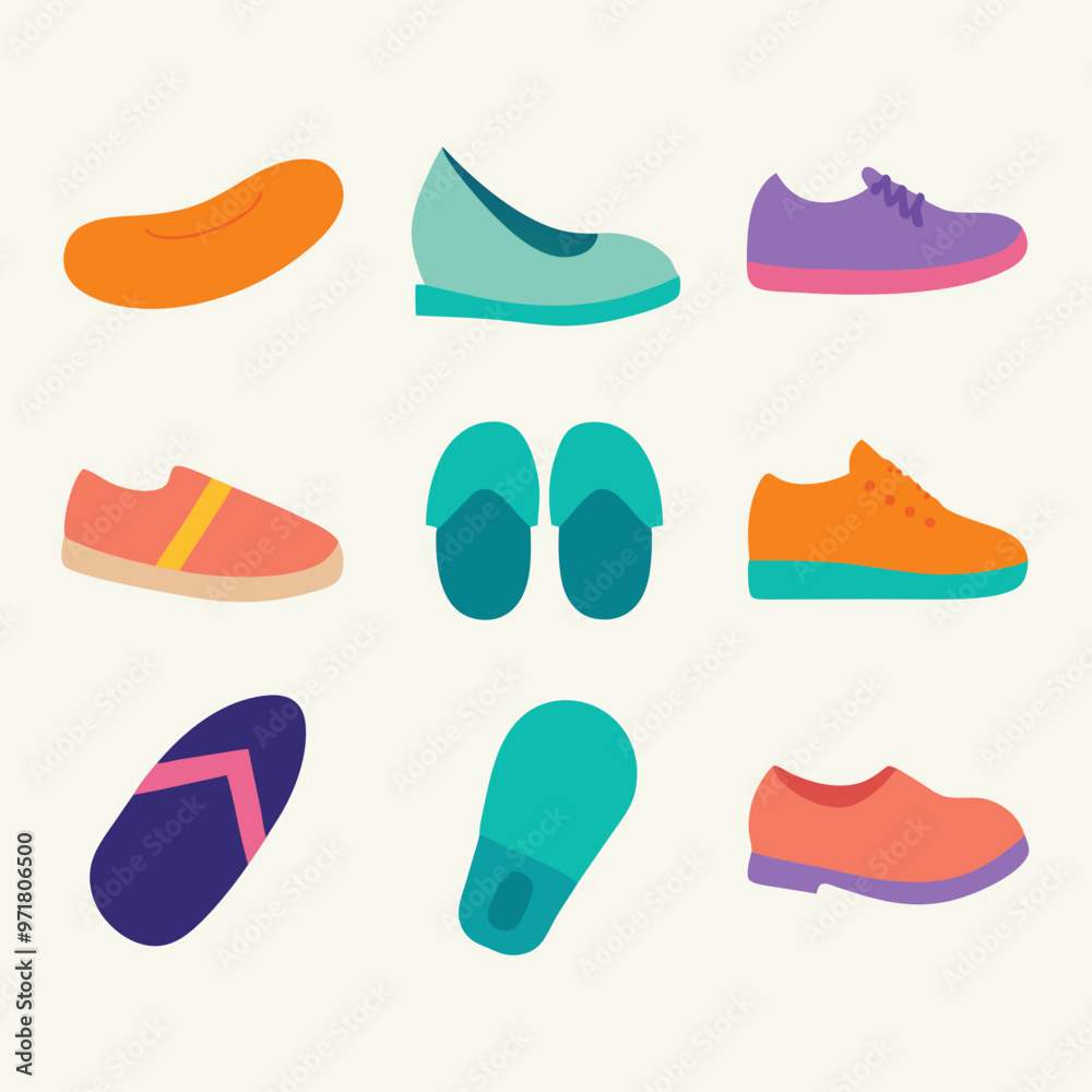 A set of nine colorful and stylish shoe icons, perfect for adding a touch of personality to your designs. These icons are ideal for websites, apps, or any project that needs a touch of fashion. A set of nine colorful and stylish shoe icons, perfect for adding a touch of personality to your designs. These icons are ideal for websites, apps, or any project that needs a touch of fashion.