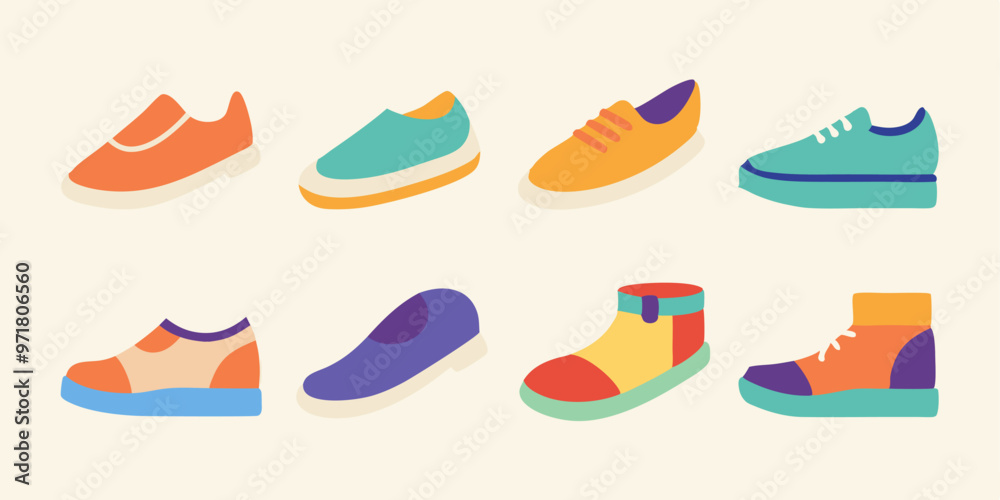 A collection of colorful and stylish sneakers, perfect for adding a touch of personality to your designs. These flat-style icons are ideal for branding, website design. A collection of colorful and stylish sneakers, perfect for adding a touch of personality to your designs. These flat-style icons are ideal for branding, website design.