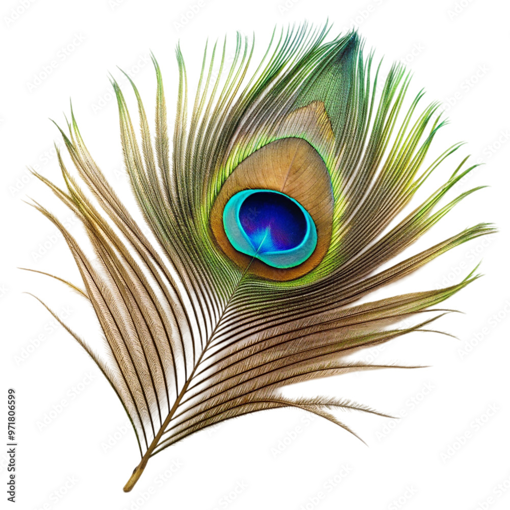 Obraz premium Single peacock feather closeup Isolated on transparent background.