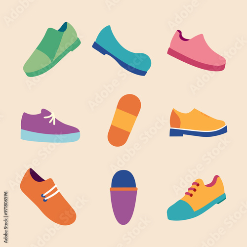 Set of colorful flat shoes and slippers in various styles, perfect for creating fun and playful illustrations or designs. These simple and vibrant icons are ideal for fashion, retail. photo