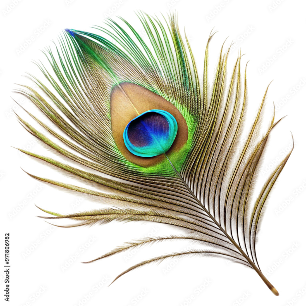 Fototapeta premium Single peacock feather closeup Isolated on transparent background.
