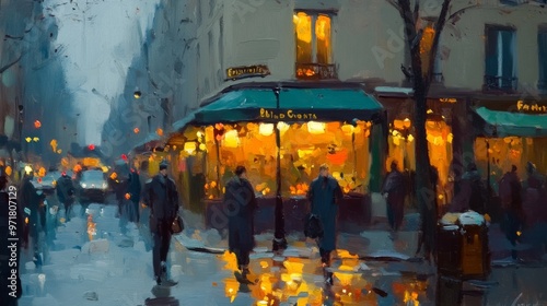 Fototapeta Naklejka Na Ścianę i Meble -  A lively Paris street glowing with illuminated cafes, pedestrians strolling and cars driving on wet streets reflecting warm lights from the bustling ambiance.