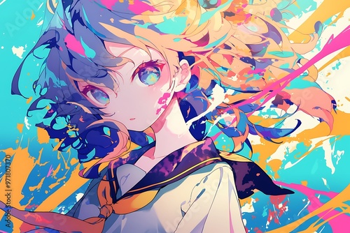 Anime girl with colorful hair and vibrant abstract background.