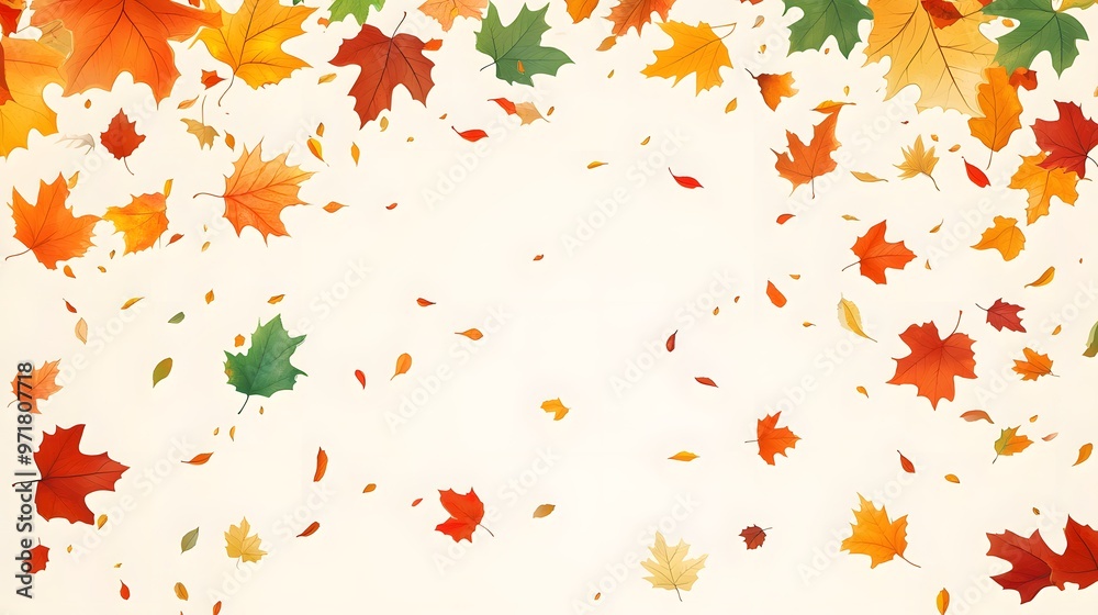 Autumn seasonal background with long horizontal border made of falling autumn green, golden, red and orange colored leaves isolated on background. Hello autumn vector illustration
Autumn seasonal background with long horizontal border made of falling autumn green, golden, red and orange colored leaves isolated on background. Hello autumn vector illustration