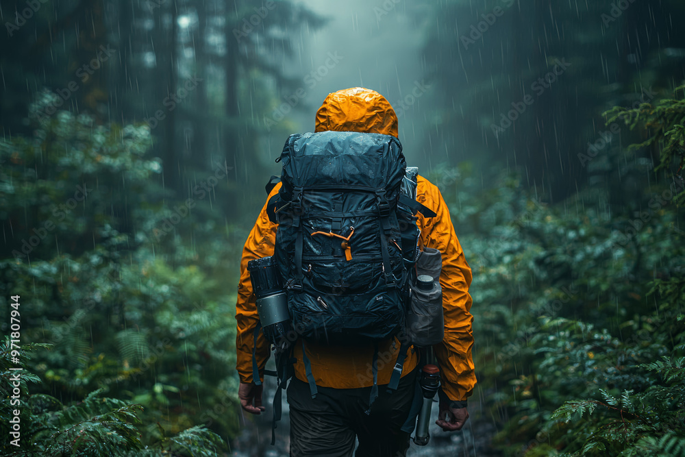 A man hiking through a dense forest, carrying all necessary gear on his back. Concept of adventure and being self-reliant in nature. A man hiking through a dense forest, carrying all necessary gear on his back. Concept of adventure and being self-reliant in nature.