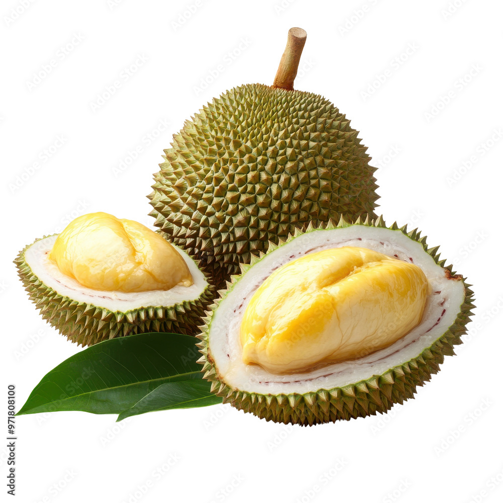 Fresh durian fruit sliced open, showcasing its creamy yellow flesh and prickly exterior, perfect for culinary delights. Fresh durian fruit sliced open, showcasing its creamy yellow flesh and prickly exterior, perfect for culinary delights.