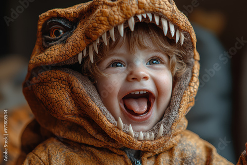 Fototapeta Naklejka Na Ścianę i Meble -  A child in a dinosaur costume, pretending to stomp around and roar. Concept of adorable and funny kids' costumes.