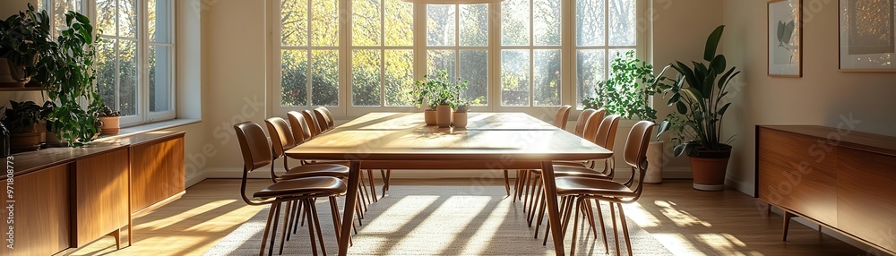 Elegant midcentury teak dining table surrounded by retro chairs, large windows, soft sunlight illuminating vintage-inspired room with modern accents Elegant midcentury teak dining table surrounded by retro chairs, large windows, soft sunlight illuminating vintage-inspired room with modern accents