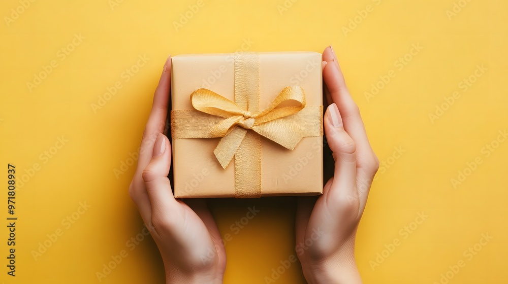 Hands holding craft paper gift box with as a present
Hands holding craft paper gift box with as a present