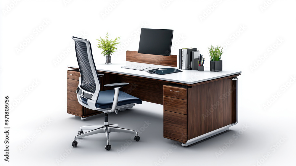 A sleek, modern office desk setup featuring a comfortable ergonomic chair, desktop computer, and plants for a professional workspace. A sleek, modern office desk setup featuring a comfortable ergonomic chair, desktop computer, and plants for a professional workspace.