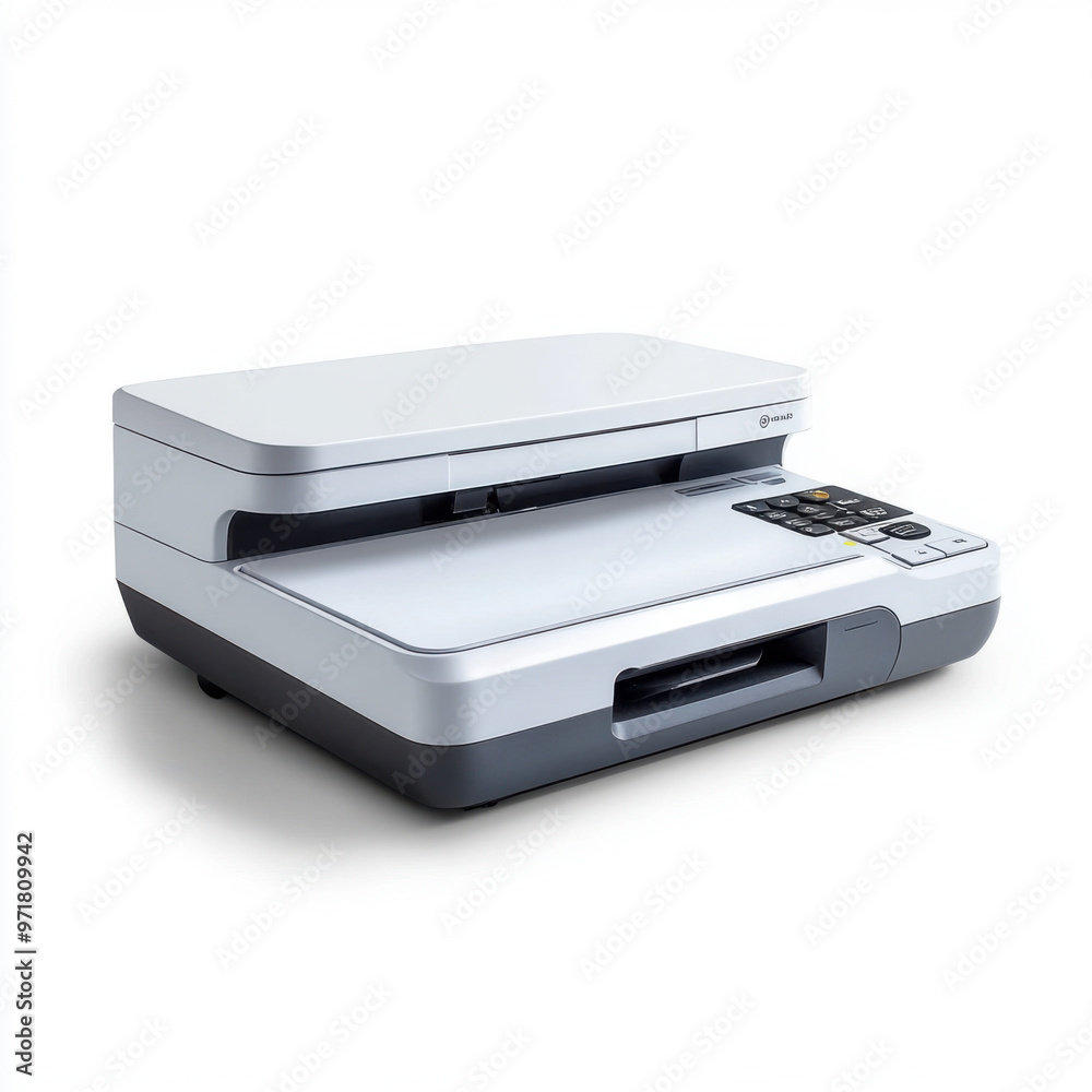 A modern flatbed office document scanner isolated on a white background, designed for high-quality scanning of documents and images. A modern flatbed office document scanner isolated on a white background, designed for high-quality scanning of documents and images.
