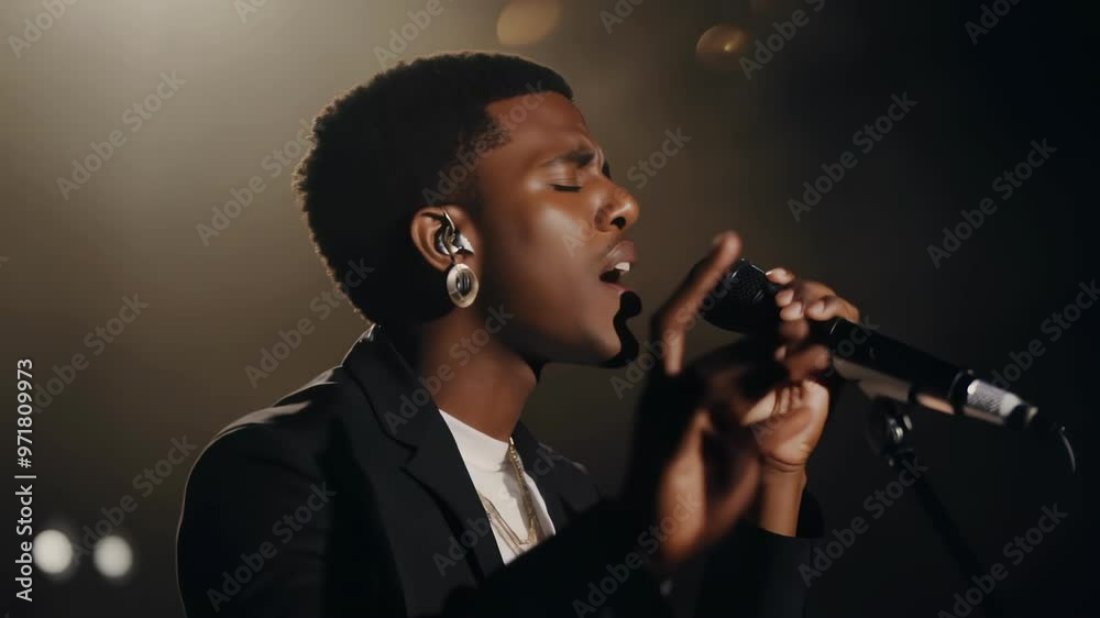 Young African American man passionately singing on stage under a spotlight. Concept of musical performance, emotional expression, live concert
