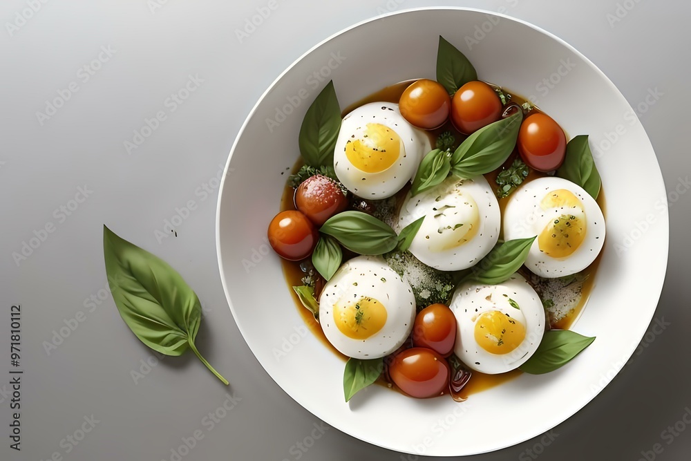 Bowl of eggs and tomatoes with basil leaves on white surface Bowl of eggs and tomatoes with basil leaves on white surface