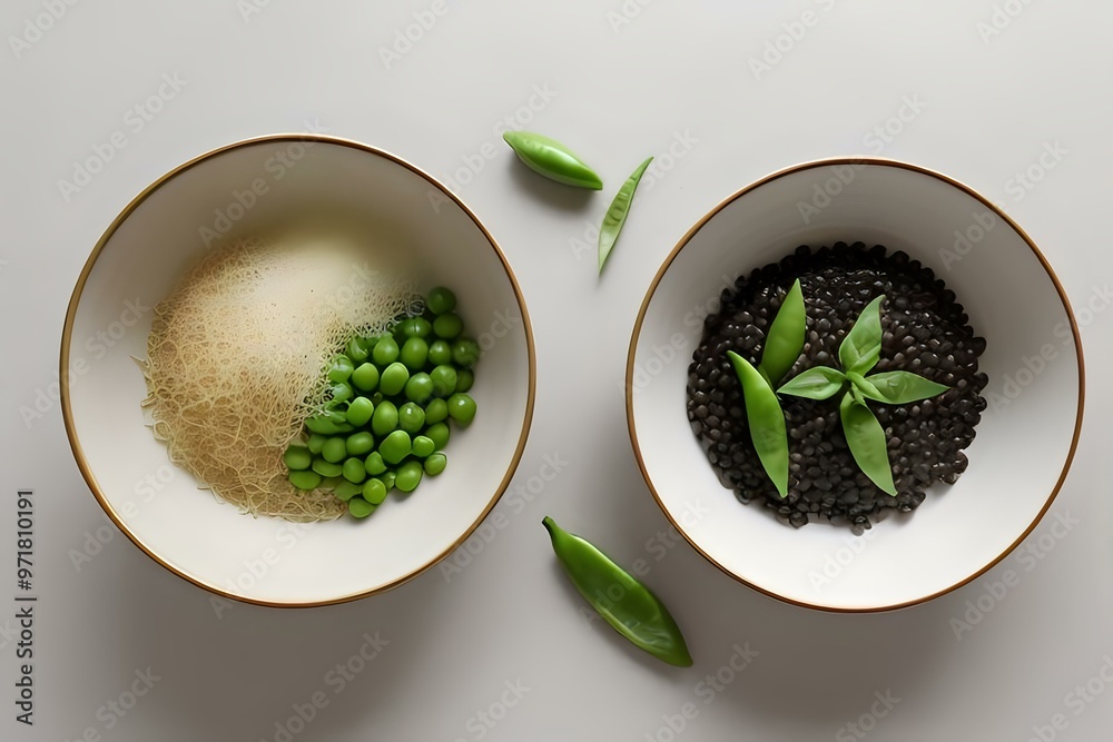 Two bowls filled with black beans, peas, and green beans Two bowls filled with black beans, peas, and green beans