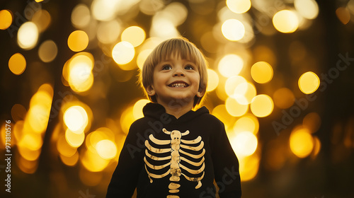 um menino feliz de 6 anos usando uma fantasia de esqueleto na floresta à noite com luzes amarelas desfocadas no fundo - tema de halloween photo