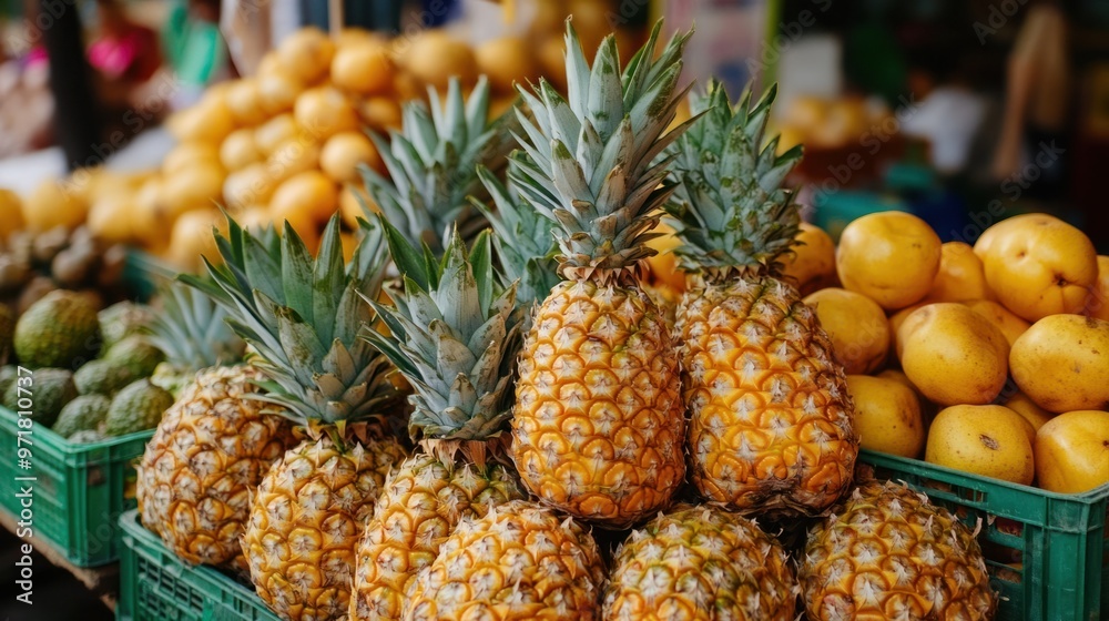 A group of pineapples in a market stall, with bright tropical colors and exotic fruits surrounding them. A group of pineapples in a market stall, with bright tropical colors and exotic fruits surrounding them.