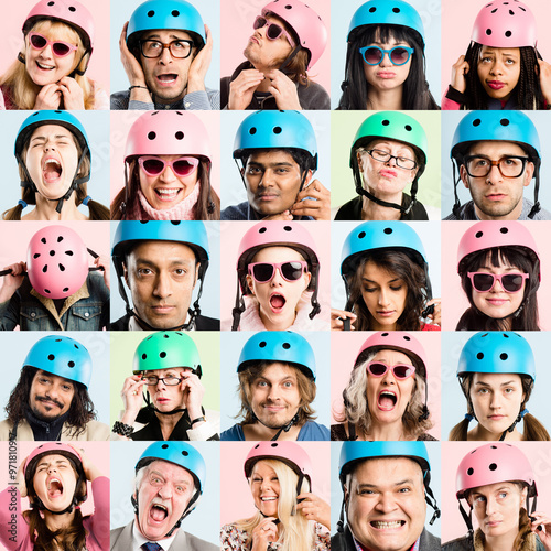 Collage, portrait and funny with bike helmet and people with quirky fashion and smile studio. Safety, confidence and protection with group face of montage with hipster, fun and cool style with frame