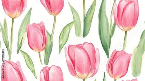 Hand drawn watercolor seamless pattern featuring spring pink tulips