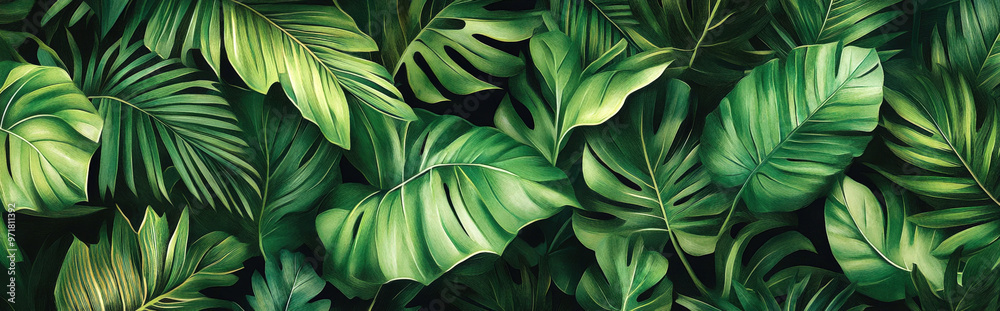 Obraz premium wallpaper that showcases a mix of various tropical leaves, creating a vibrant, layered look that brings the lushness of the tropics indoors