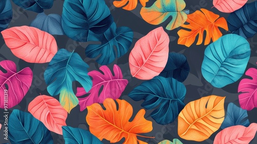 Wallpaper Mural Seamless design featuring vibrant leaves on a gray backdrop Hand drawn motif suitable for wallpaper or fabric perfect for gift wrapping Torontodigital.ca
