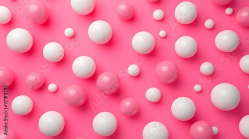 Three dimensional pattern of various spheres flat laid against pink background