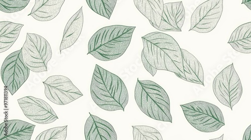 Hand drawn leaf motif linen texture Whimsical garden seamless pattern Modern spring doodle foliage textile for home decor Botanical rustic style green all over print