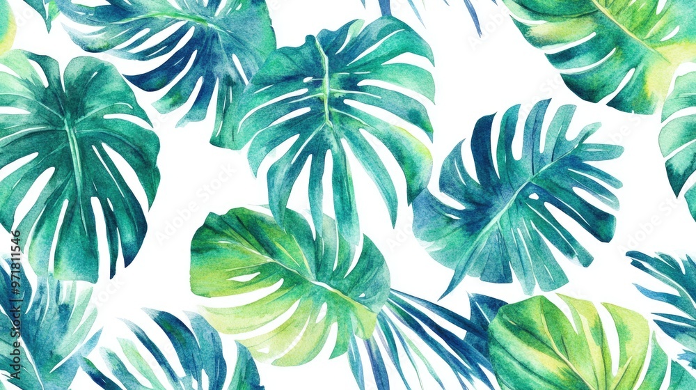 Tropical Jungle Summer Seamless Pattern with Exotic Palm Leaves Endless Repeat Design Abstract Watercolor Texture for Textile Printing Tropical Jungle Summer Seamless Pattern with Exotic Palm Leaves Endless Repeat Design Abstract Watercolor Texture for Textile Printing