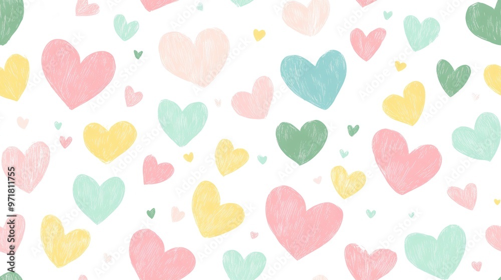 Colorful seamless pattern featuring pink yellow green and blue hearts on a white background ideal for wrapping paper stationery fabric and textiles