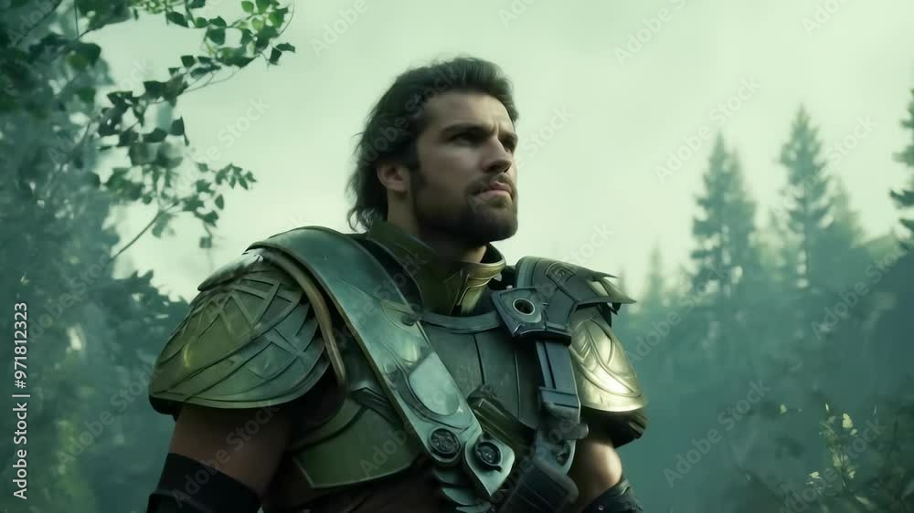 Medieval knight in armor standing in a misty forest. Concept of historical re-enactment, medieval warrior, fantasy adventure Medieval knight in armor standing in a misty forest. Concept of historical re-enactment, medieval warrior, fantasy adventure