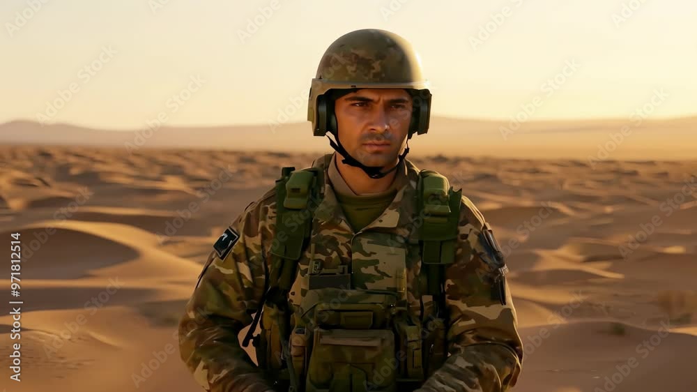 Determined soldier in military uniform standing strong in the desert during golden hour. Concept of military service, desert operation, soldier resilience Determined soldier in military uniform standing strong in the desert during golden hour. Concept of military service, desert operation, soldier resilience