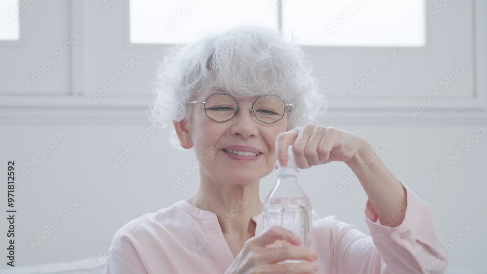 ペットボトルの水を飲むシニア女性 ペットボトルの水を飲むシニア女性