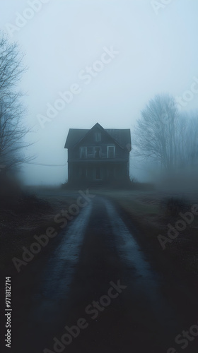 Haunted house at the end of a foggy road.