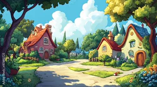 Cute cartoon illustration of houses in a small village with green grass and trees.  Fantasy world concept