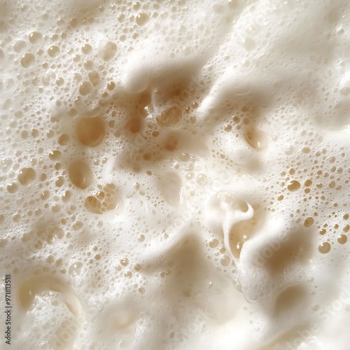 Close up of creamy foam bubbles in a glass of coffee with milk