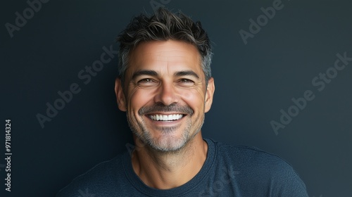 Handsome middle age man with a happy face standing and smiling with a confident smile showing teeth.