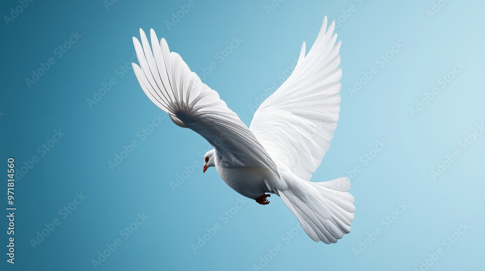 A beautiful white dove with wings spread wide, soaring gracefully against a clear blue sky, symbolizing peace and freedom. A beautiful white dove with wings spread wide, soaring gracefully against a clear blue sky, symbolizing peace and freedom.