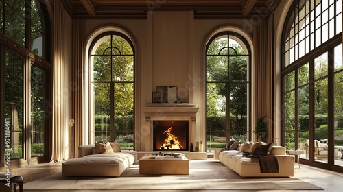 Beautiful living room in new luxury home with fireplace and roaring fire. large bank of windows hints at exterior view.