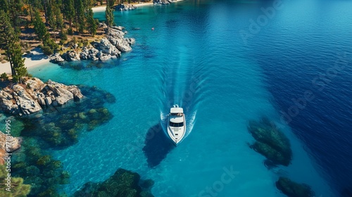 Drone view of a boat sailing across the blue clear waters of lake tahoe california.