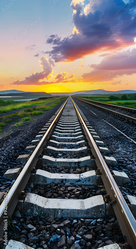 A railroad track going to the horizon. Rails surrounded by nature at sunset. Without the train. Travel concept. A railroad track going to the horizon. Rails surrounded by nature at sunset. Without the train. Travel concept.