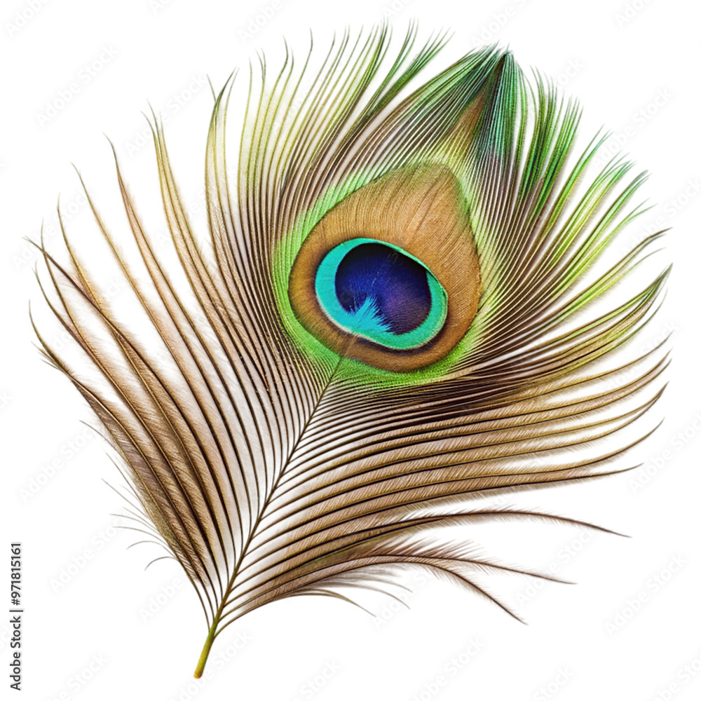 Obraz premium Single peacock feather closeup Isolated on transparent background.