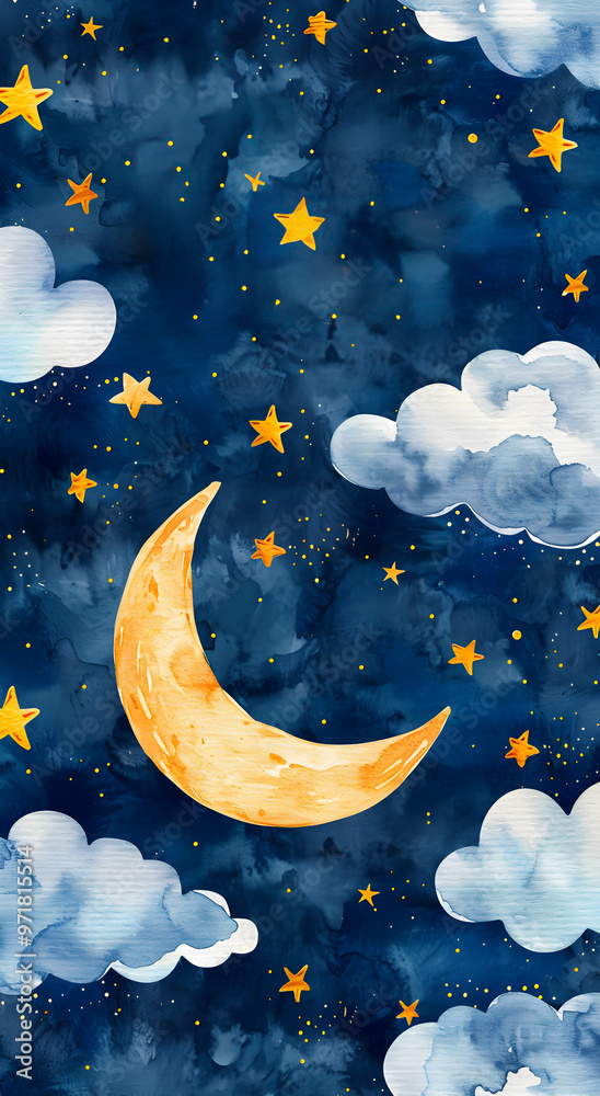 Cute children's background. Watercolor drawing Moon, clouds and stars. crescent moon. Drawing for children's room. Space wallpaper concept. Cute children's background. Watercolor drawing Moon, clouds and stars. crescent moon. Drawing for children's room. Space wallpaper concept.