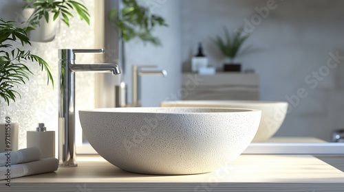 Stylish vessel sink on light countertop in modern bathroom.