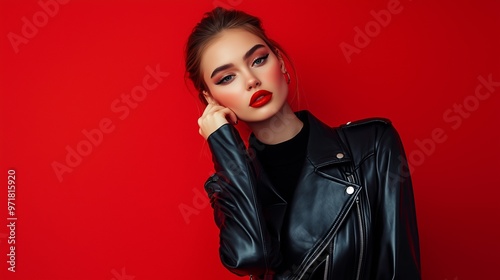 Stylish woman posing in black leather jacket for fashion shoot on red.