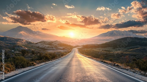 Asphalt road and mountain with sky clouds landscape at sunset.