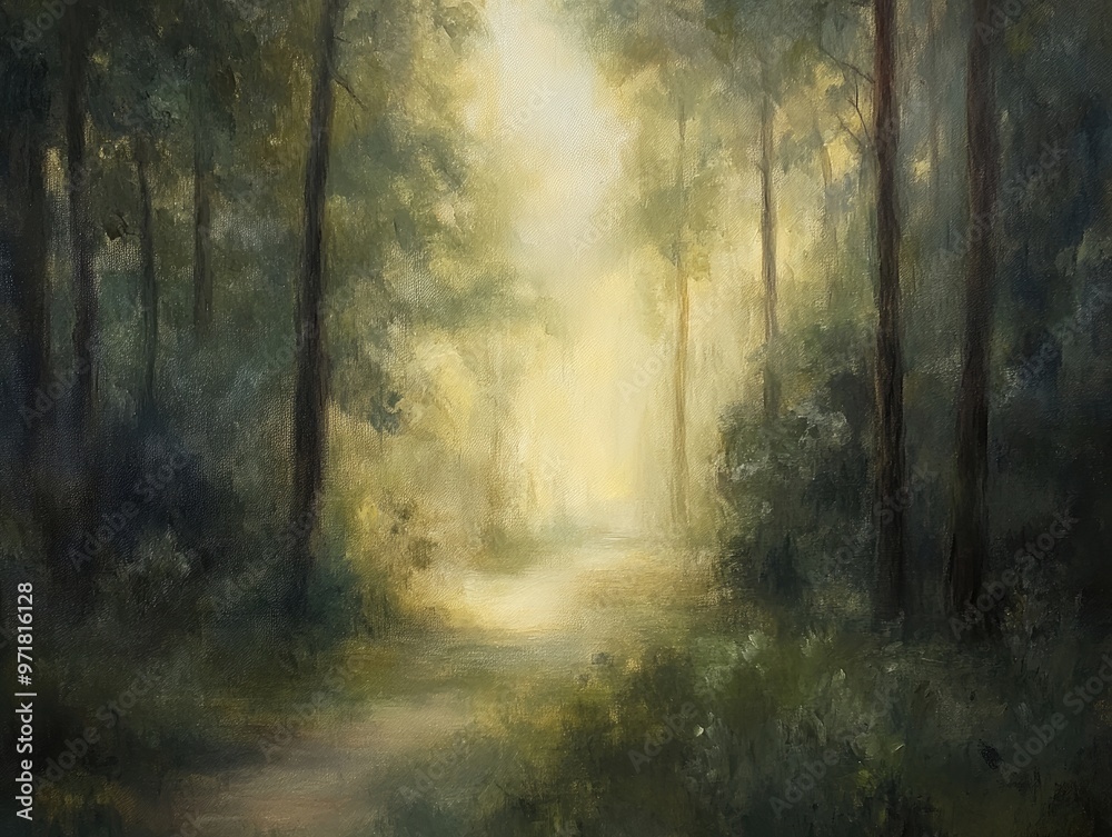 Oil painting depicting a softly illuminated forest with a focus on gentle light and a serene backdrop