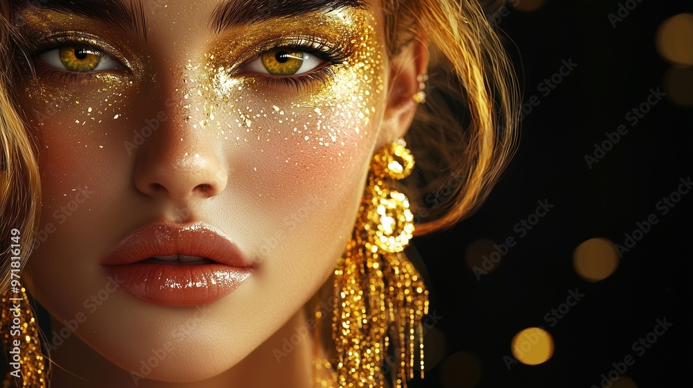 Golden woman. beauty fashion model girl with golden make up hair and jewellery on black background. Golden woman. beauty fashion model girl with golden make up hair and jewellery on black background.