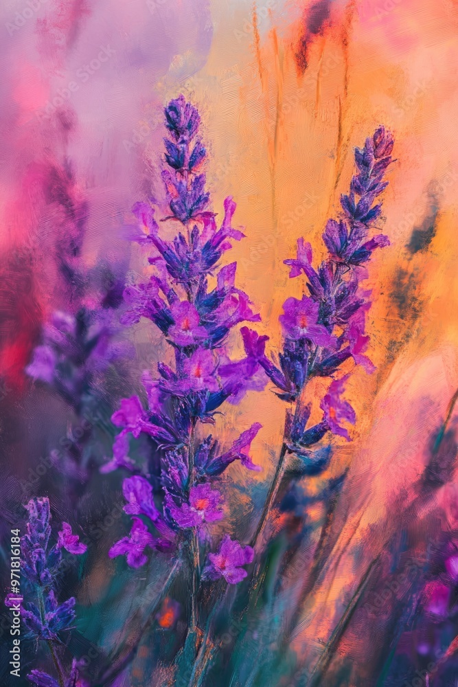 Obraz premium Close up view of vibrant purple wildflowers in an oil painting style