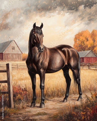 Oil painting depicting a stunning horse in a serene farm environment showcasing the beauty of the animal and its surroundings photo